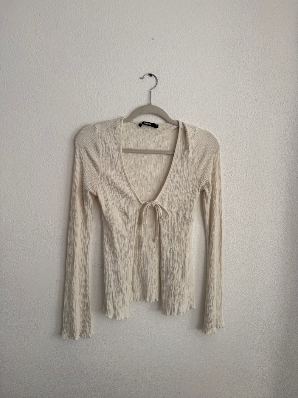 Bikbok Scandinavian Brand Light Cream Tie-Front Ribbed Long-Sleeve Top